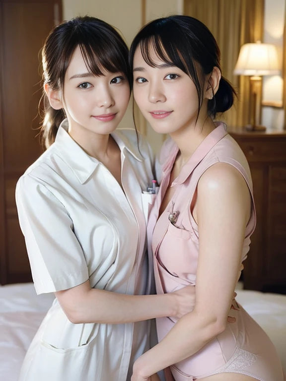(Masterpiece, Best quality:1.3), (Ultra realistic, Photo-realistic:1.2), Natural light, 28 years old actress, Japanese beautiful 2 women, Neat and clean, (White nurse uniform:1.1), (unbutton:1.2), white sock, (ponytail:1.2), (Beautiful faces), Oval face, clear, Beautiful eyes, Kind eyes, Clear skin, Small face, Beautiful mouth, Small mouth, Natural makeup, Approachable, Seductive smile, (Seductive pose:1.2), Beautiful thighs, Bedroom eyes, Embarrassed, Blush, Luxury hotel Suite room, On bed, (nsfw:1.1), obscene reality of girls, (lesbian couple, petting together:1.2), looking at each other, grabbing crotch, erotic hug,