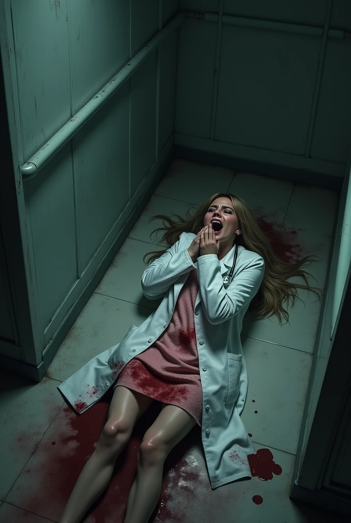 A female doctor is raped, and lying on the floor 
Blood stains on her dress and floor
She seems to be scared and crying with hands on mouth