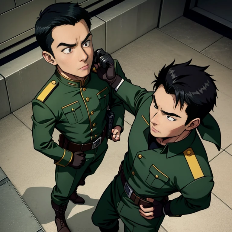 anime、Zeon Army soldiers、30 years old,One Man,、Dark green military uniform、Shocker Belt、Black gloves、Brown boots、With a handgun on his hip、Landing of a high-rise building I'm lying on my back、logic, ,Black Hair。Pretty short and even shorter short hair、Handsome soldier Asian Face The crotch area of my pants is bulging View from above