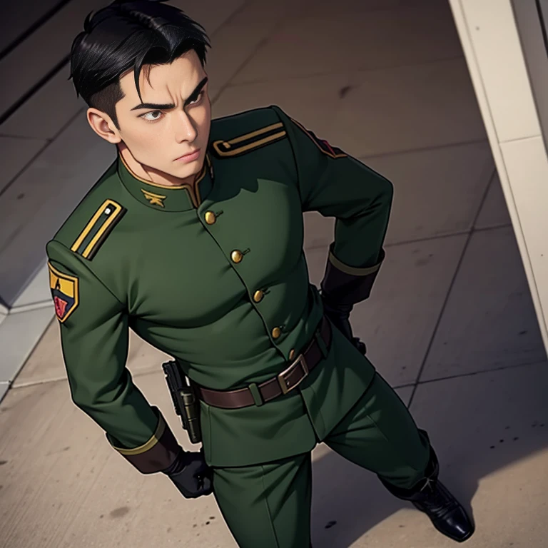anime、Zeon Army soldiers、30 years old,One Man,、Dark green military uniform、Shocker Belt、Black gloves、Brown boots、With a handgun on his hip、Landing of a high-rise building I'm lying on my back、logic, ,Black Hair。Pretty short and even shorter short hair、Handsome soldier Asian Face The crotch area of my pants is bulging View from above
