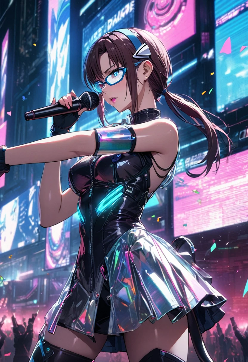 1girl, makinami mari illustrious,glasses, neon genesis evangelion, cyberpunk fashion, futuristic outfit, young adult woman, high-tech photoshoot, neon lighting, dystopian urban background, masterpiece, best quality, absurdres
Outfit details:
Holographic bodysuit with circuit board patterns
Asymmetrical black mini-skirt with LED light trim
Clear PVC jacket with embedded flexible OLED displays
Accessories:
Cyber goggles with glowing LED accents
Metallic arm bands with touch-sensitive controls
Thigh-high boots with built-in holographic displays
Fingerless gloves with exposed circuitry
Multiple ear cuffs with blinking LED lights
Hairstyle:
Side tail maintained, but add some electric blue streaks
Undercut on one side with circuit pattern shaved in
Makeup:
Metallic eyeshadow in silver and electric blue
Holographic lip gloss
Small LED lights applied as face accessories
Background: Massive virtual concert stage, swirling holographic patterns, dynamic light show, enormous LED screens, virtual audience represented by floating avatars
Pose: Mid-dance move, arms raised energetically, singing into a floating microphone, exhilarated expression
Additional elements: Holographic backup dancers, raining digital confetti, sound wave visualizations in the air, fan messages scrolling across virtual banners