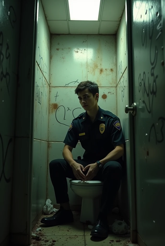 a young male police officer sitting in a toilet stall in a small dirty restroom. fluorescent light. graffiti on walls. side view. he looks constipated