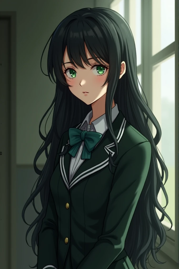 A girl with a sleek black armpit length wavy haired, forest green colored eyes, using Welldenoury Academy School uniform
