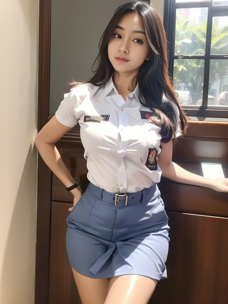 1girl, solo, (Indonesian_high_school_uniform), office, bright light, detailed face, detailed eyes, amazed face expression, wide view, large breasts, semi-curvy, smooth realistic skin, hands behind back, looking at viewers, wearing white shirt, wearing grey blue very short miniskirt, (8k, RAW photo, best quality, masterpiece: 1.2), (realistic, realistic: 1.5), ultra-high resolution