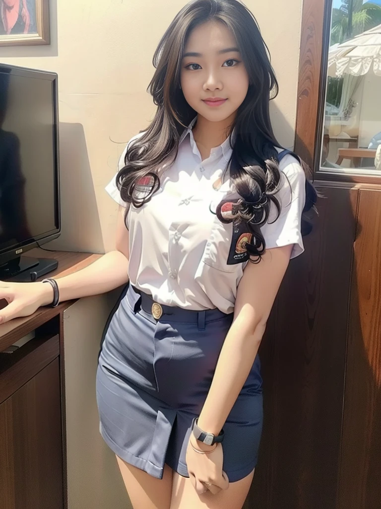 1girl, solo, (Indonesian_high_school_uniform), office, bright light, detailed face, detailed eyes, amazed face expression, wide view, large breasts, semi-curvy, smooth realistic skin, hands behind back, looking at viewers, wearing white shirt, wearing grey blue very short miniskirt, (8k, RAW photo, best quality, masterpiece: 1.2), (realistic, realistic: 1.5), ultra-high resolution