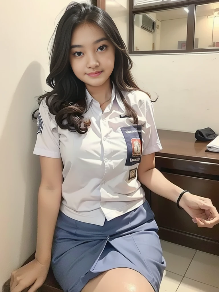 1girl, solo, (Indonesian_high_school_uniform), office, bright light, detailed face, detailed eyes, amazed face expression, wide view, large breasts, semi-curvy, smooth realistic skin, hands behind back, looking at viewers, wearing white shirt, wearing grey blue very short miniskirt, (8k, RAW photo, best quality, masterpiece: 1.2), (realistic, realistic: 1.5), ultra-high resolution