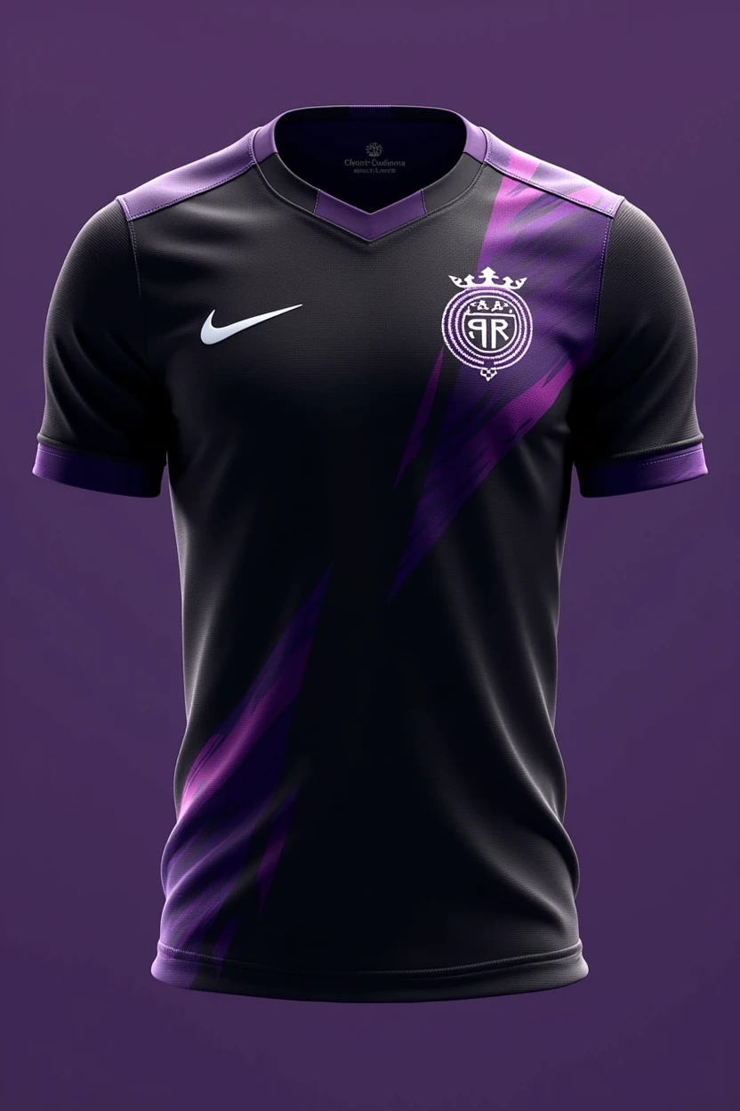 Create a kit of a team named "Sneaky Royal FC" as logo. It must have a base color of black and aesthetic purple designs.
