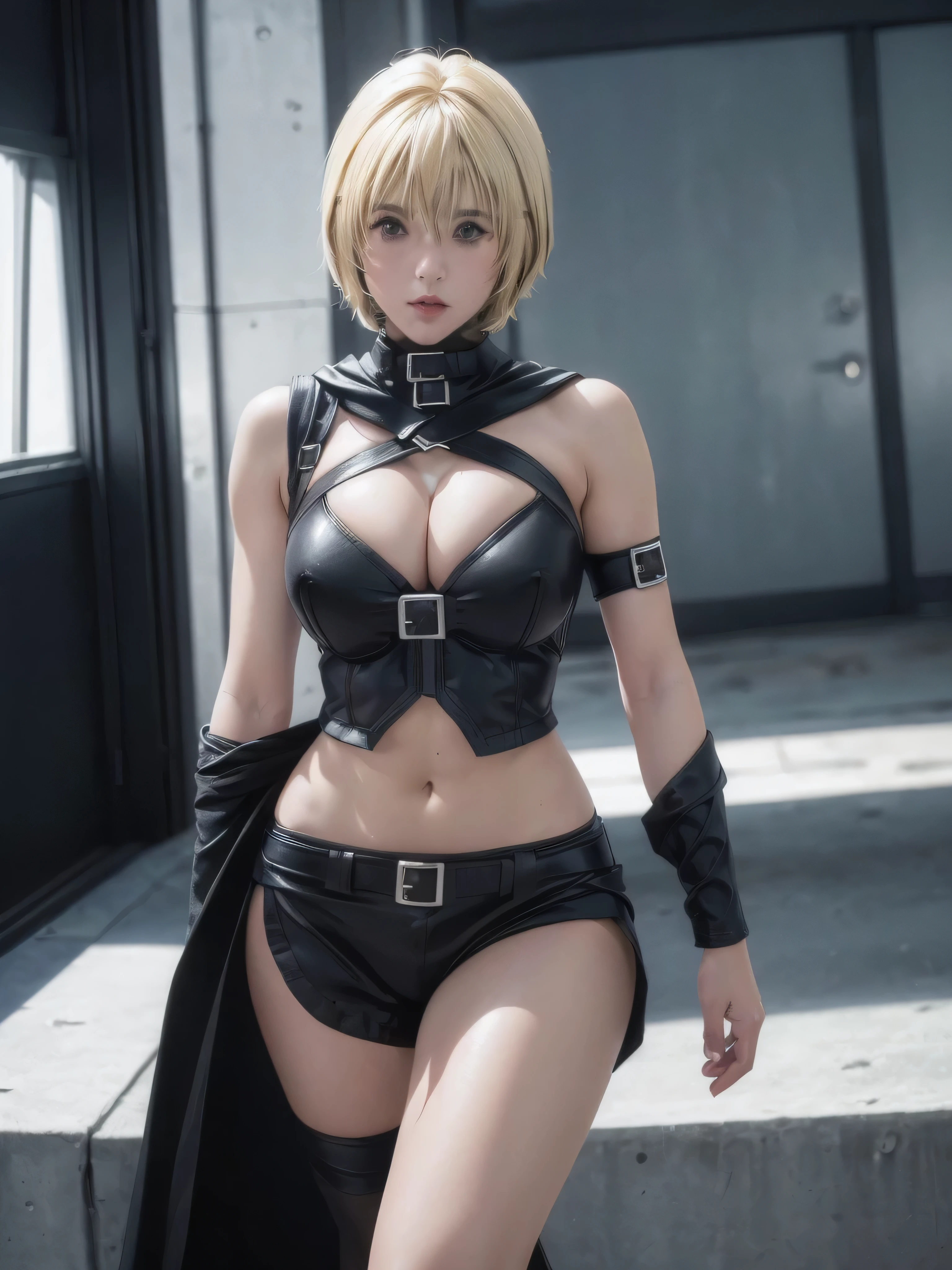 kurosaki mea、最high quality、high quality,, ((Masseter muscle area)), ((High resolution)), ((最high quality)), detailed, ((Glowing Skin)), (High leg bodysuit:1.2)、and, ((huge 、Blonde、Short Bob))、(Black Bondage, Waist Cloak, Black shorts), Voluptuous bust, exposed navel, Bowl-shaped big breasts, (View from the front、Looking at the audience:1.5)、((White Room))