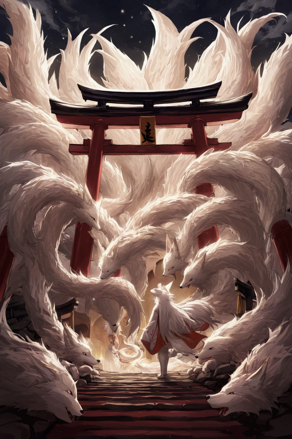 torii　Golden fur, white face, nine tails　Nine-Tailed Fox