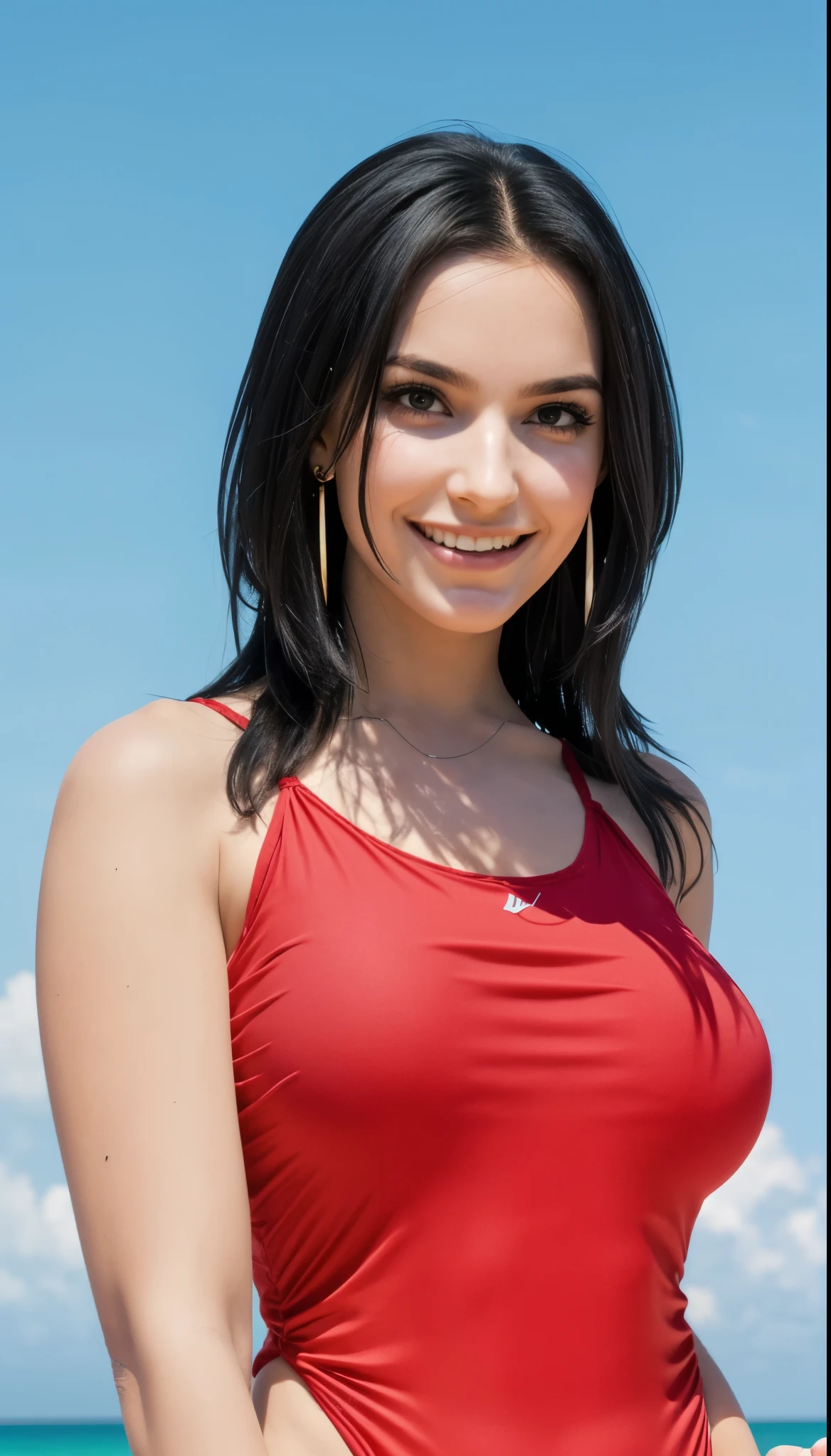 1girl, half-lenght portrait, red swimsuit, highleg, gigantic breasts, long black hair, middle-parted hair, detailed face, looking at viewer, smile, (closed-mouth:1.4), hoop earring, sharp focus, beach, white sands, blue sky, blurry background bokeh, natural light, 