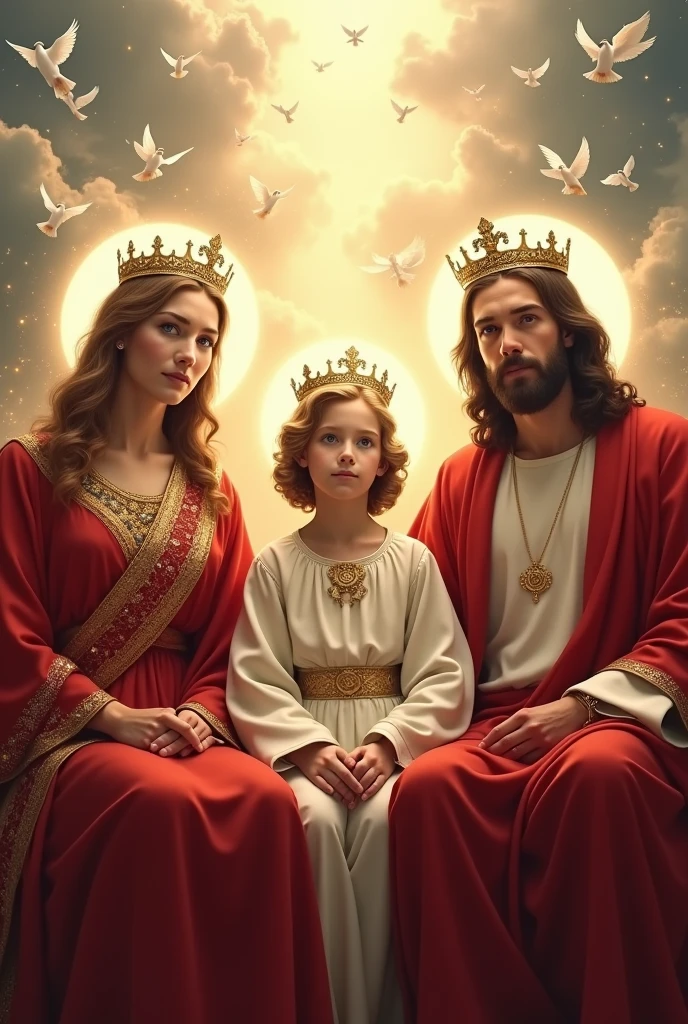 (photorealism:1.2), beautiful virgin Mary, handsome Jesus Christ and handsome 7 years old teen Jesus, sitting in the throne each of them in the kingdom of god that full of clouds, the light of their crowns and hearts spreading all over, wearing the red color of a king, queen and prince, the crown of lights, real beautiful faces, real nice hair, real face, heaven outdoors that full of clouds, brighter lighting, five fingers, clouds and many doves in the background, elegant clothes, stars and sunlight, beautiful heaven of paradise, relaxed pose, realistic, intricate details, bright and warm colors,