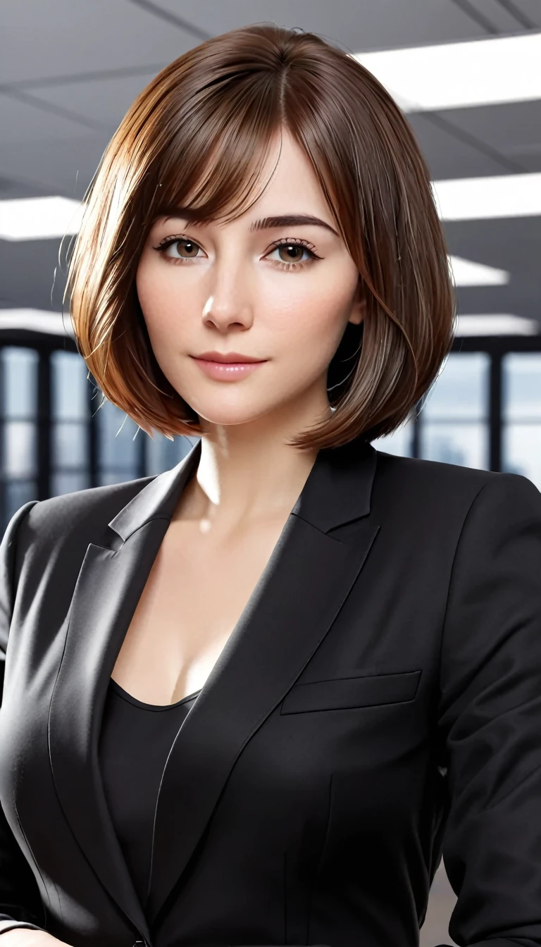 Represents a new office worker with brown hair and a bob cut. It produces a very high quality and realistic CG image. The subject is a woman in her 20s, wearing a black suit. Try to give the impression that she is serious about her work in the office.