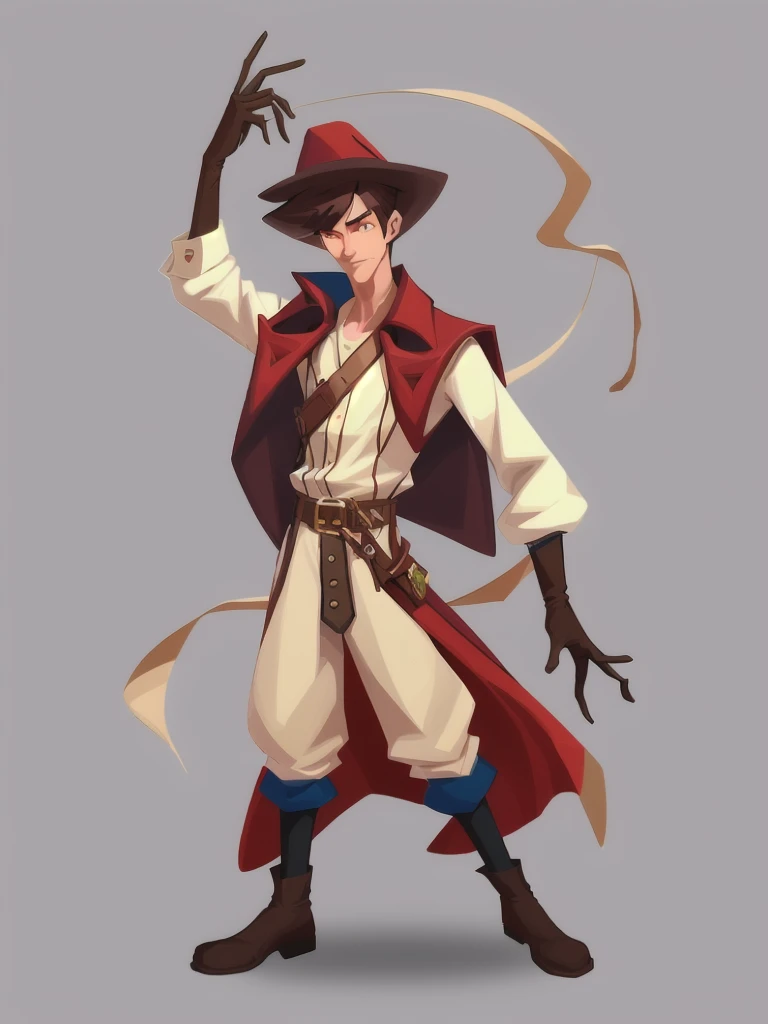 concept art, European and American comics, game character design, RPG Fantasy Game Characters, 1boy, solo, Asian male in his 20s, Male-centric, brown bowl cut hair, Straight hair that falls straight down to the eyes, as if the head was cut with a hat on, slim body type, Wearing a red cloak tied around his neck, Blue long sleeve jacket, Vertical dark striped sprite pattern, Wearing a protector with a brown leather pocket on the waist, Brown gloves, Aiming pose with a bow, Hair styled in a neat, straight-cut bangs, Upper body focused illustration, Clear facial expressions, Zoom in so the face is very visible,