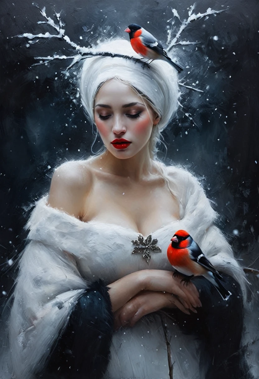 painting of a bullfinch sits on a branch, winter, snowfall, a woman with white skin and red lips in a Slavic white costume and kokoshnik leaned over him, dark atmosphere, cinematic scene, volumetric lights, ultra realistic, in the style of nicola samori
