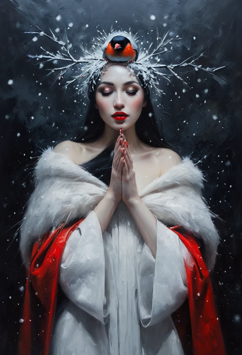 painting of a bullfinch sits on a branch, winter, snowfall, a woman with white skin and red lips in a Slavic white costume and kokoshnik leaned over him, dark atmosphere, cinematic scene, volumetric lights, ultra realistic, in the style of nicola samori
