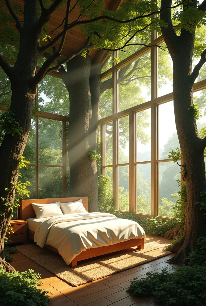 A room with a bed in a sunny forest