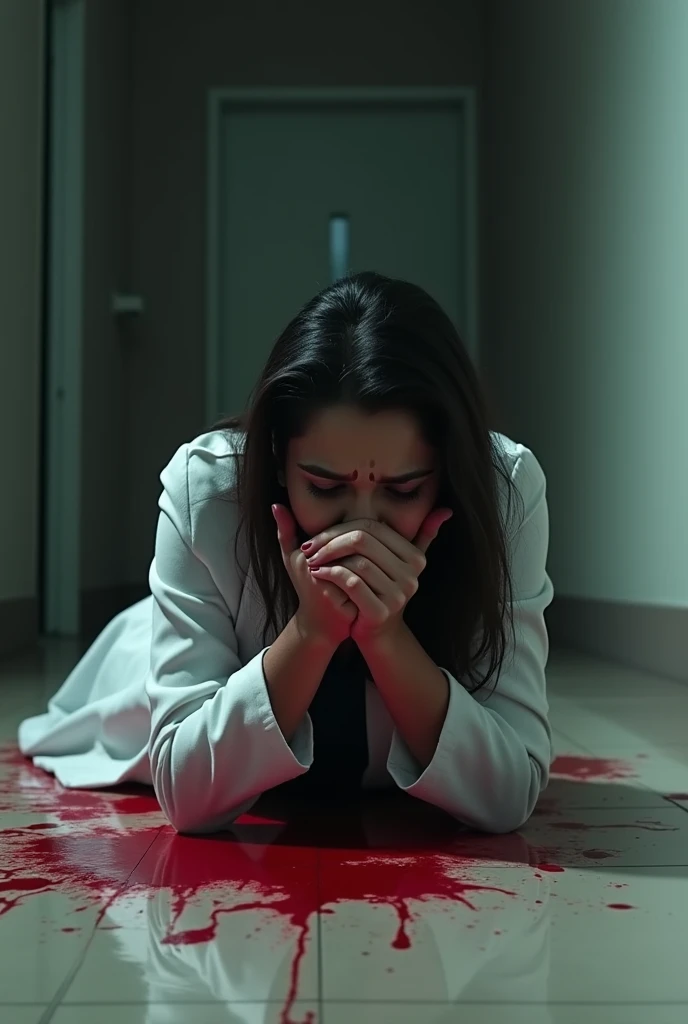 An indian female doctor is raped, and lying on the floor
Blood stains on her dress and floor
She seems to be scared and crying with hands on mouth