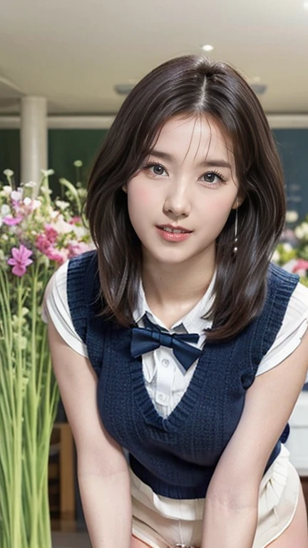 (masterpiece:1.2, highest quality), (Realistic, photoRealistic:1.4), Beautiful illustrations, (Natural Side Lighting, Cinema Lighting), Written boundary depth, Looking at the audience, Front view, 1 girl, English, high school girl, 20-year-old, Perfect Face, Symmetrical cute face, Shiny skin, Leg spread, (Bob Hair:1.7,blonde), Asymmetrical bangs, Big eyes, Droopy eyes, long eyelashes chest), thin, Beautiful Hair, Beautiful Face, Beautiful and beautiful eyes, Beautiful clavicle, Beautiful body, Beautiful breasts, Beautiful thighs, Beautiful legs, Beautiful fingers, ((High-quality fabric, Brown knitted vest, Short sleeve white collar shirt, Navy Pleated Skirt, Navy bow tie)), (Beautiful views), evening, (Inside the flower shop), Are standing, (smile, Superior, Open your mouth), (((Skirt flip, No pants, Genitals are visible))), Full Body Shot, Dark blue socks, Sexy Face, Inverted nipples,