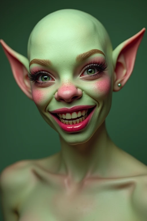 photorealistic sexy white girl Belle Delphine, wearing a cute bald sweaty goblin teen girl mask with green skin, blush, and freckles, and fangs, and braces, and long pointy teeth, she's completely naked with perky breasts. she has very prominent sternocleidomastoids and collar bones. she looks flirty and horny doing an ahegao face drooling. her cute goblin mask is green and covers her entire head and neck and looks just like Belle Delphine