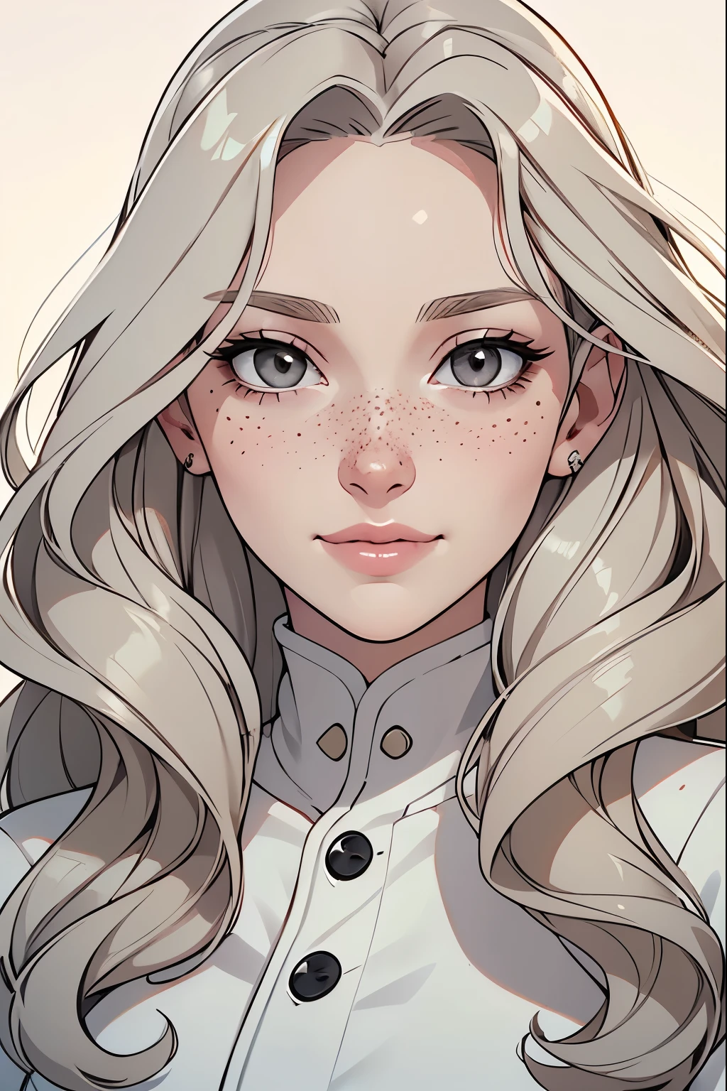 Face of a woman, americana, age 25, pale skin and freckles, grey-eyed, delicate nose, soft and delicate lips, Long Wavy Gray Blonde Hair, Sweet smile, cabelo solto e cheio, jaqueta de couro rosa, saia branca plissada, pensativa