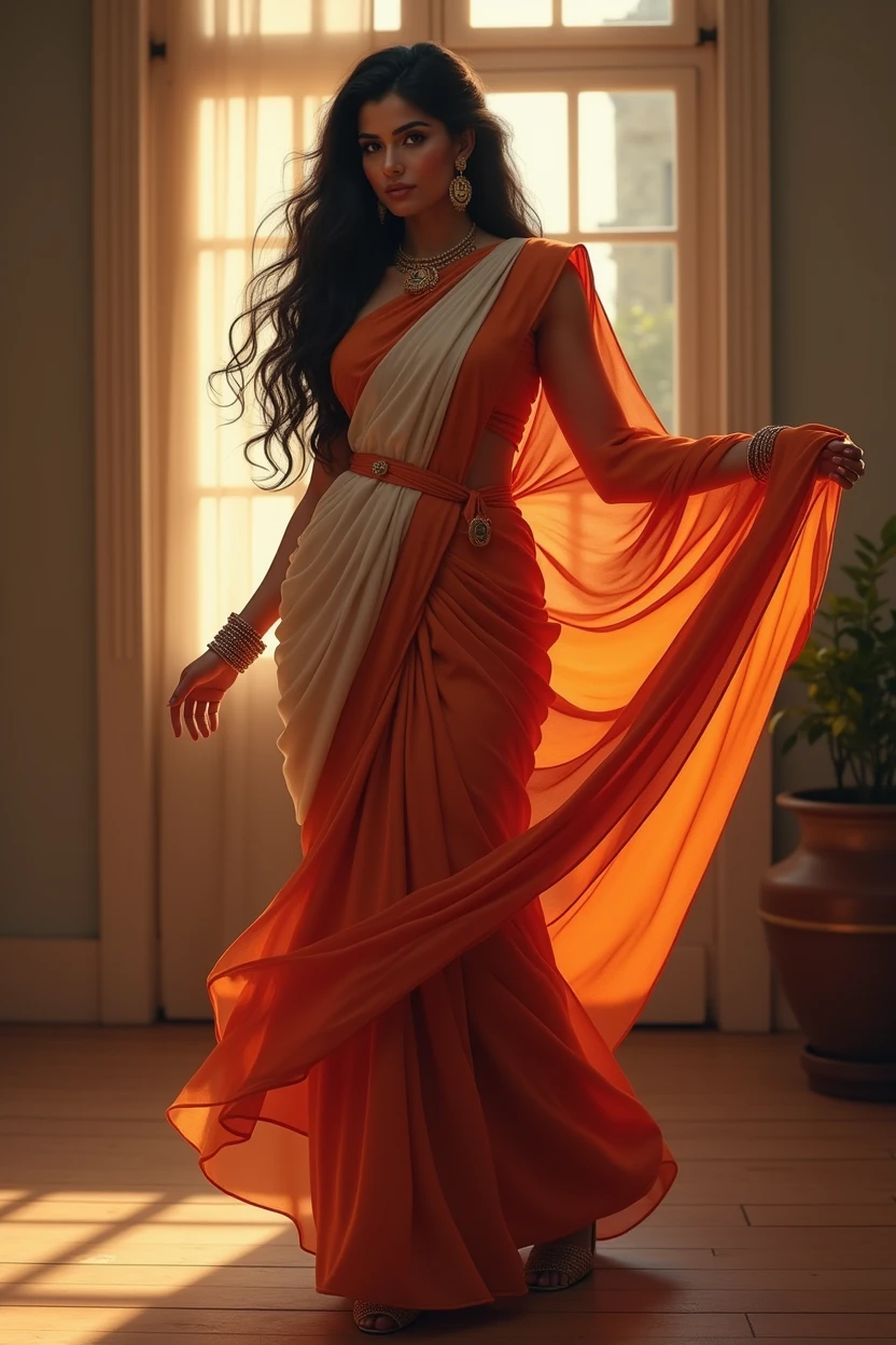 1girl,India girl,wearing saree, wearing earrings,big ,big ass,black hair,hyper realistic, ultra detail, high res, Very large , saree colour Orange white cream. Would be very specific hair should be very long