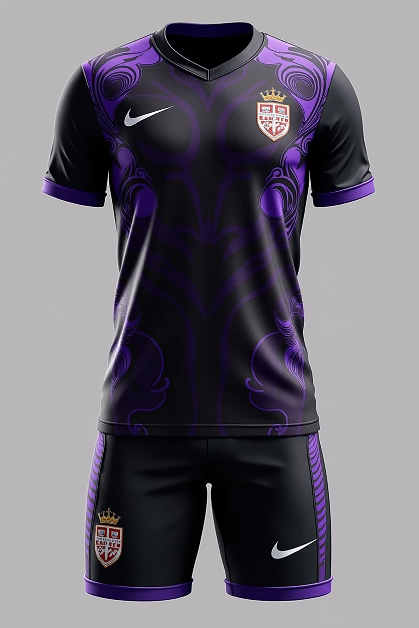 Create a kit of a team named "Sneaky Royal FC" as logo. It must have a base color of black and aesthetic purple designs.