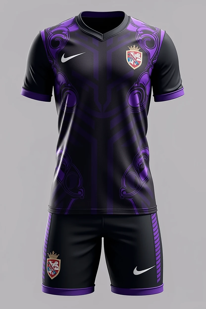 Create a kit of a team named "Sneaky Royal FC" as logo. It must have a base color of black and aesthetic purple designs.