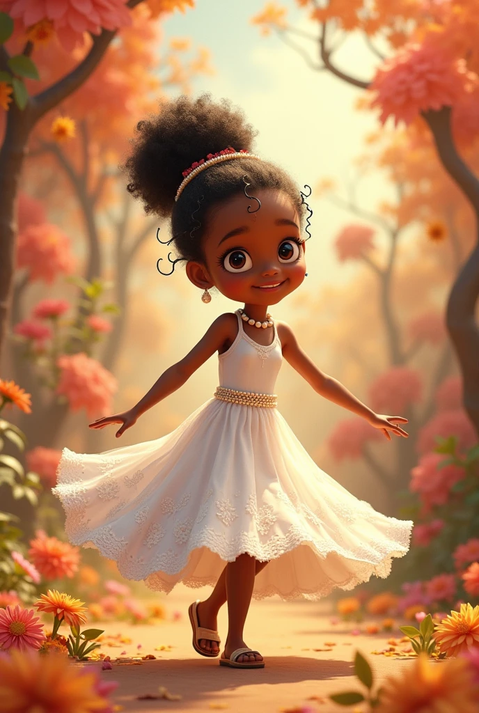 Sweet girl, happily dancing, in a white pearl dress, in the style of African influence, Disney animation, I can't believe, how beautiful she is. puppetry, joyful chaos, Eye-catching details, pastel shades, James Christensen, Valeria Docampo, Sara Kay, Nicky Beme, Maurice Sendak, Gila Elvgren style, high quality, bright colors, pensive, romantic, hyper-detailed, hyperrealistic, Unreal engine, masterpiece, Atmospheric, high resolution, bright, High Contrast, 32K, HDR, 500 pixels