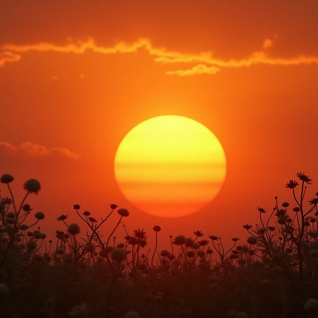 A huge beutyful sun set view with orange shade cloundy sky warming look.With floret in front view