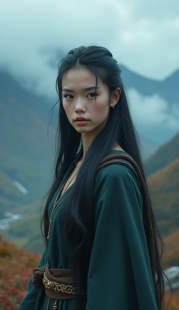 fantasy art, panormaic shot, full body shot, Mysterious Fog, a mysterious land with colorful mountains, Mysterious Fog in valleys, beautiful and mysterious panoramic view, fantasy landscape, 1girl, barbarian warrior, detailed face, long hair, beautiful detailed eyes, beautiful detailed lips, extremely detailed eyes and face, longeyelashes, delicate features, striking pose, cinematic lighting, dramatic colors, vibrant palette, dramatic lighting, ethereal atmosphere, dreamlike, surreal, mystical, atmospheric, (best quality,4k,8k,highres,masterpiece:1.2),ultra-detailed,(realistic,photorealistic,photo-realistic:1.37),HDR,UHD,studio lighting,ultra-fine painting,sharp focus,physically-based rendering,extreme detail description,professional,vivid colors,bokeh