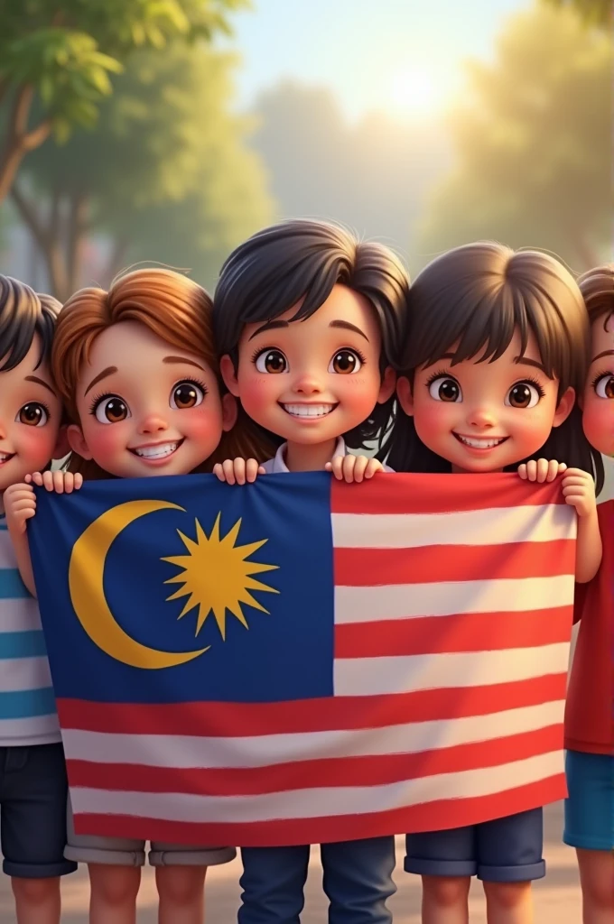 Malay children, chinese children, indian children happily holding malaysian flag