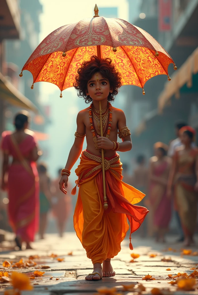 Imagine little Krishna Ji, the revered Hindu deity, strolling down a bustling road. He holds a colorful umbrella in his hand, which contrasts with his traditional attire and the lively urban backdrop. The scene blends the divine with the everyday, showcasing little Krishna Ji's serene presence amidst the modern world."