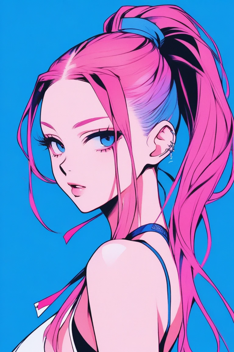 Illustrator, anime , Realistic ,sketch , 1 person, ,lip, bikini, order, Blue gradient background, Neon Ponytail Hair,Texture Trim, Canadian, (masterpiece,Highest quality) Cancer