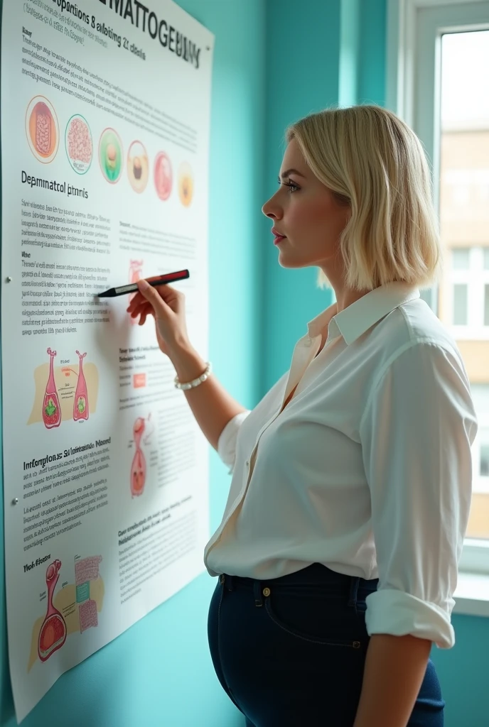 Realistic style and real women, she is Blonde with short hair, she has an hourglass figure, she has a surreal, hentai-like physique, with exaggerated curves that showcase large buttocks and voluminous breasts and she is very slim photorealiste, 

On the poster, she appears in a scientist's outfit, wearing a crisp white blouse that symbolizes professionalism and rigor. Her hair is pulled back in a neat ponytail, giving her a serious yet approachable air.
She stands next to a large informative poster, featuring detailed illustrations of sperm and its production. Colorful graphics and clear diagrams show the different stages of spermatogenesis, making the subject understandable to all.
Her expression is engaging, and she points with a pen or laser pointer to key elements of the poster, while explaining the processes in a concise and educational way. The text is written in simple language, designed to inform and capture the audience's attention.
The poster's background is bright and attractive, with eye-catching graphic elements that underline the importance of the theme. The overall composition conveys an image that is both instructive and captivating, while at the same time emphasizing its expertise as a scientist.