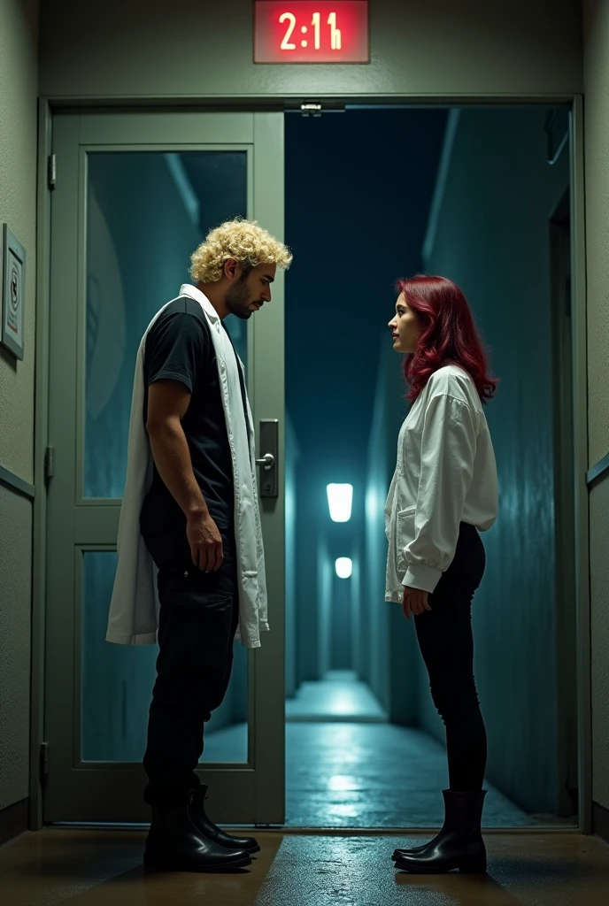 216 cm tall, 33-year-old man with short platinum blond wavy swept-back hair, dark skin, Arabic-Egyptian features, wearing a white lab coat over a black t-shirt, black cargo pants and black boots, looking down with a gentle expression and holding open a a door of a double doorway of a compound for a very much shorter 24-year-old woman, with vibrant maroon side-parted medium-length wavy hair, very pale skin, wearing a white flowy work blouse, low-rise black pants and black boots, standing outside in a parking lot forest the facility near the doorway. Hip-shot, dark lighting, nighttime, photorealistic, cinematic.