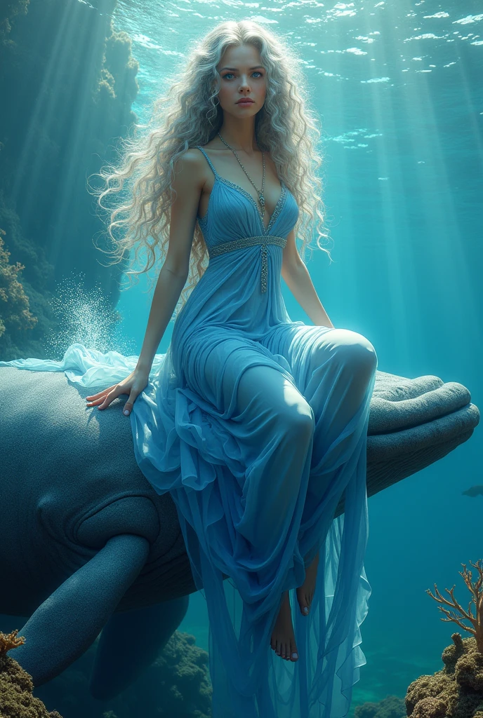 Role: Goddess of the sea

Personality:
She's kind, can talk to the animals under the water and take care of them. She has power.

Appearance:
Beautiful Gentle face
Has curvy beautiful body 
Has long curly ash color hair 
 blue round eyes
Has porcelain color skin
Wearing blue color dress where we can see her curvy body. Make her dress beautiful and flowy.


Additional: the background is a beautiful sea, she's sitting at the back of a whale playing with the water, can you add some corals in the background. Make her AI looking.