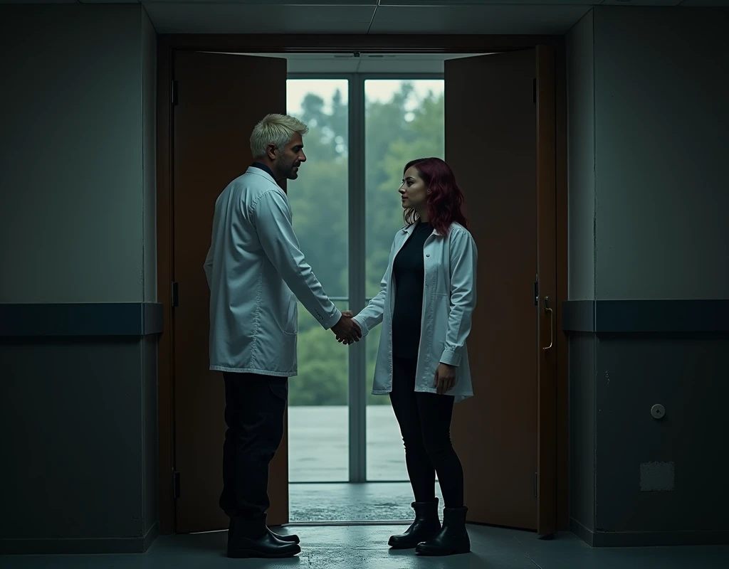 216 cm tall, 33-year-old man with short platinum blond wavy swept-back hair, dark skin, Arabic-Egyptian features, wearing a white lab coat over a black t-shirt, black cargo pants and black boots, looking down with a gentle expression and holding open a a door of a double doorway of a compound for a very much shorter 24-year-old woman, with vibrant maroon side-parted medium-length wavy hair, very pale skin, wearing a white flowy work blouse, low-rise black pants and black boots, standing outside in a parking lot forest the facility near the doorway. Hip-shot, dark lighting, nighttime, photorealistic, cinematic.
