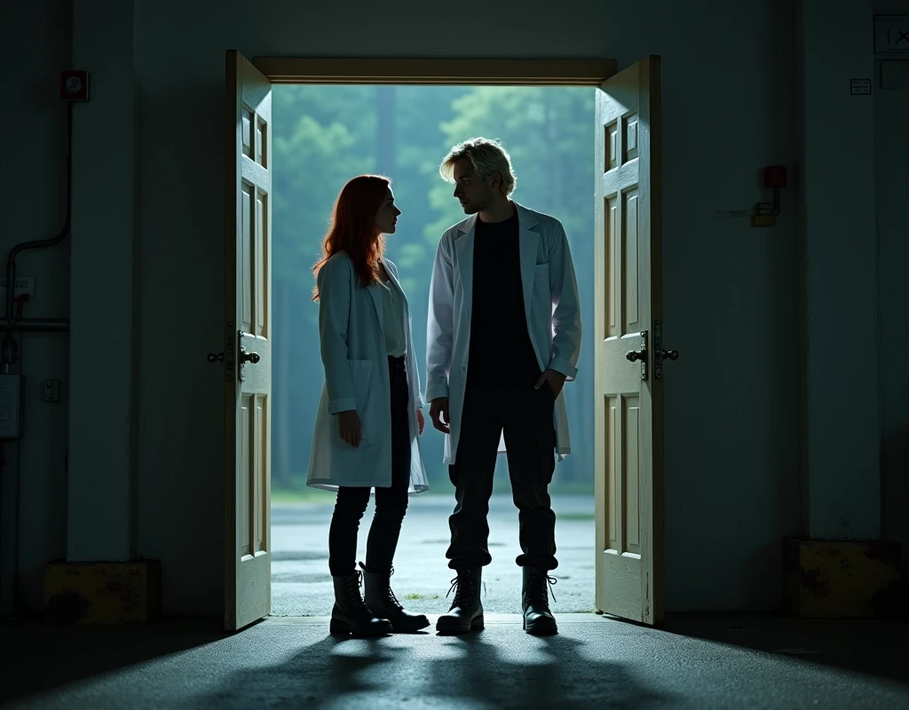 216 cm tall, 33-year-old man with short platinum blond wavy swept-back hair, dark skin, Arabic-Egyptian features, wearing a white lab coat over a black t-shirt, black cargo pants and black boots, looking down with a gentle expression and holding open a a door of a double doorway of a compound for a very much shorter 24-year-old woman, with vibrant maroon side-parted medium-length wavy hair, very pale skin, wearing a white flowy work blouse, low-rise black pants and black boots, standing outside in a parking lot forest the facility near the doorway. Hip-shot, dark lighting, nighttime, photorealistic, cinematic.