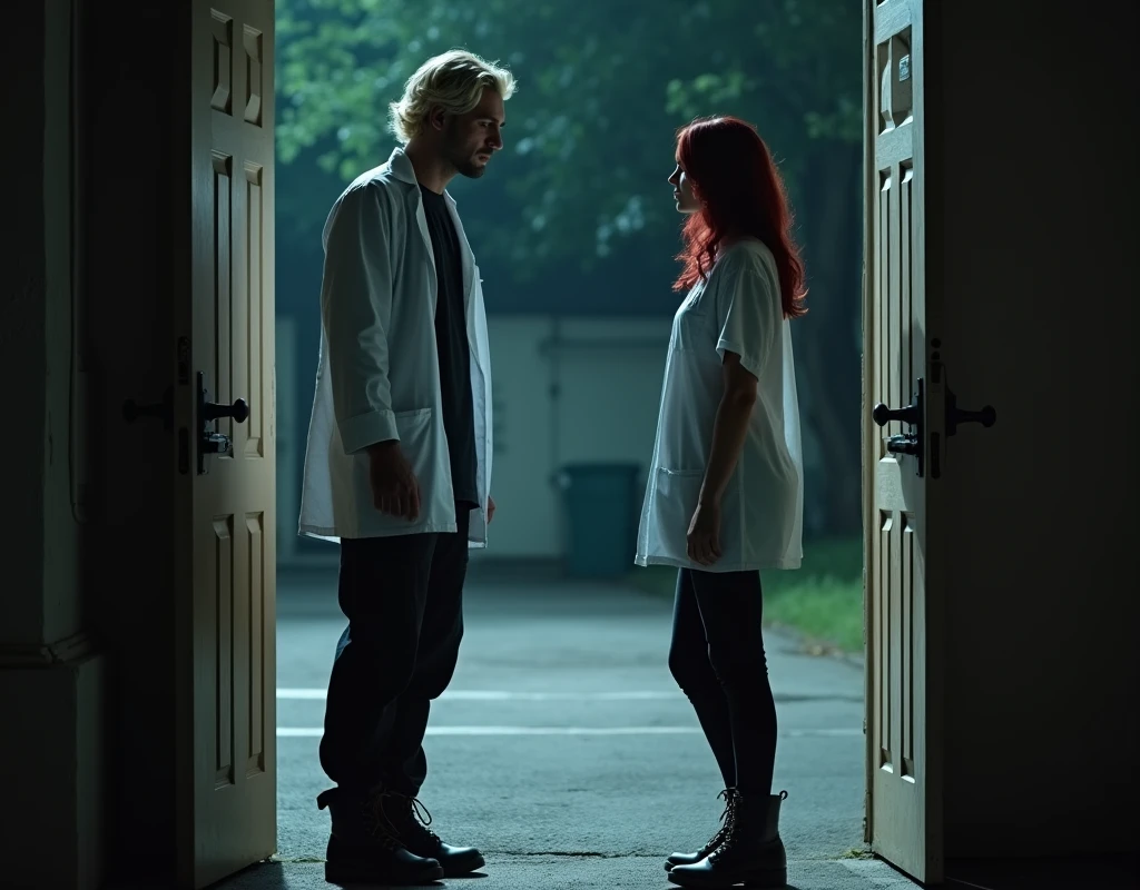 216 cm tall, 33-year-old man with short platinum blond wavy swept-back hair, dark skin, Arabic-Egyptian features, wearing a white lab coat over a black t-shirt, black cargo pants and black boots, looking down with a gentle expression and holding open a a door of a double doorway of a compound for a very much shorter 24-year-old woman, with vibrant maroon side-parted medium-length wavy hair, very pale skin, wearing a white flowy work blouse, low-rise black pants and black boots, standing outside in a parking lot forest the facility near the doorway. Hip-shot, dark lighting, nighttime, photorealistic, cinematic.