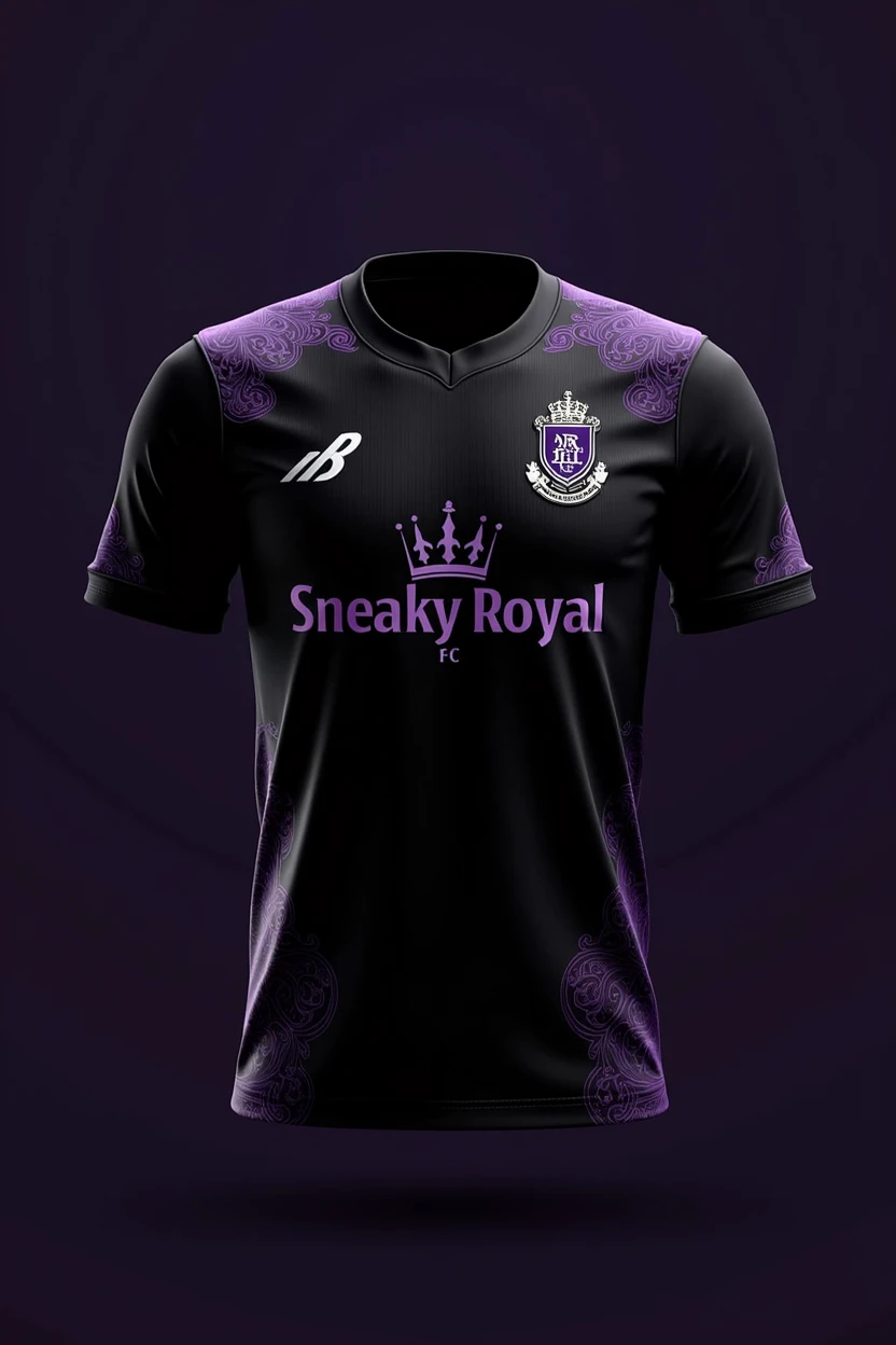 Create a kit of a team named which "Sneaky Royal FC"as logo. It must be aesthetic with the base color black and purple designs.
