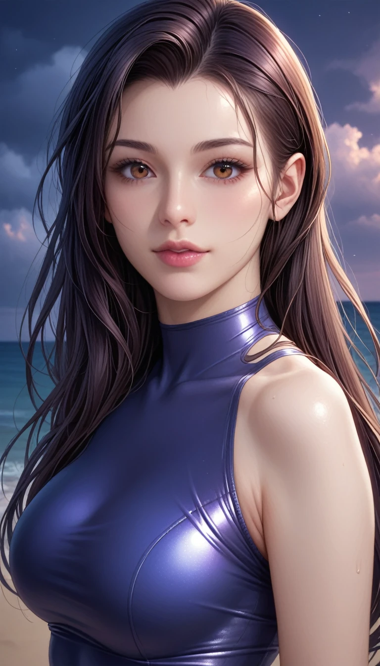 score_9, score_8_superior, score_7_superior, High-resolution CG illustration,A masterpiece in 32K resolution,Highest quality,it is really amazing,Very detailed,Ultra-high resolution,Ultra-realistic,Realistic,Increased depth of field,Cinematic lighting,
Sexy mature Japan woman,
Straight long hair with black hair,Ultra-detailed and beautiful face,Calm and gentle look,Beautiful brown eyes,Translucent white skin,Realistic skin texture,Great proportions,
Sexy high leg swimsuit,
Artistic design,Chic color scheme,Detailed fabric texture,
Dark overcast sky on a dull night,Dark clouds filling the sky,Thundercloud,Coastline at night,Stormy seas,delay々A desolate sandy beach that continues,
Close-up of profile,Cinematic Angle,