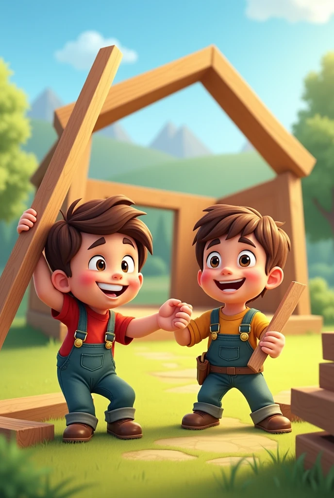 One cartoon boy is holding a house post and another is holding a house gable.