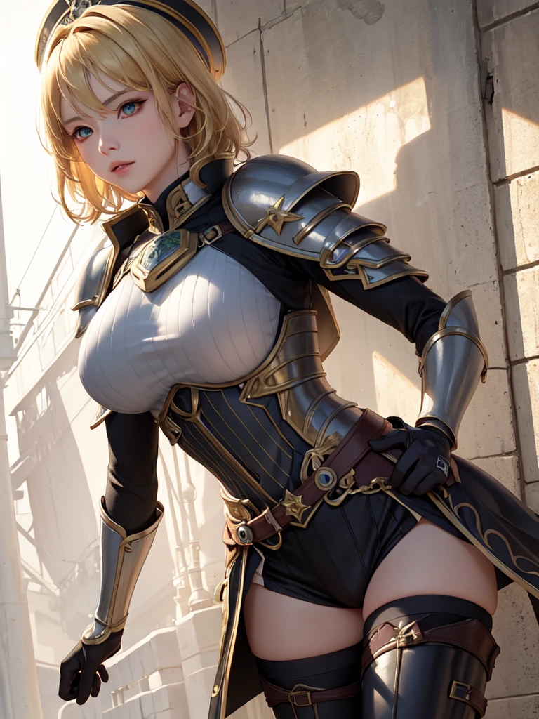 (Ultra extreme detailed),(Masterpiece),(Ultra extreme),(Realistic),CG,(color:1.2), Strong lighting,Light from behind,evaluation:Safety,One blonde, one alone., 黒color,Blonde Short Hair,Green Eyes,White shrite,short_、、armor、Princess、Tights Knee Socks、Shoulder pads、breastplate