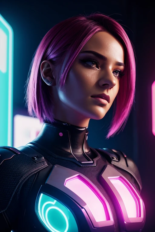 a cyberpunk girl, cyberpunk aesthetic, neon city, holographic interface, futuristic technology, intricate machinery, glowing panels, chrome accents, high-contrast lighting, moody color palette, dramatic shadows, detailed facial features, piercing eyes, strong jawline, sleek pink hairstyle, android implants, robotic limbs, advanced prosthetics, glossy skin, luminous aura, (best quality,4k,8k,highres,masterpiece:1.2),ultra-detailed,(realistic,photorealistic,photo-realistic:1.37)