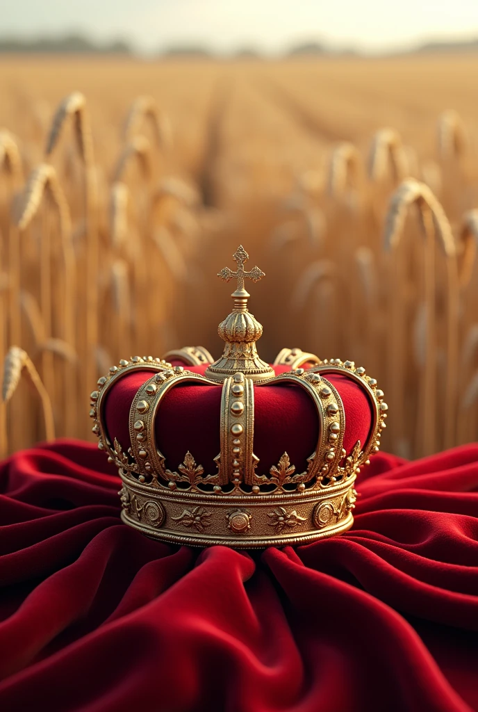 red crown, red velvet fabric, wheat field background