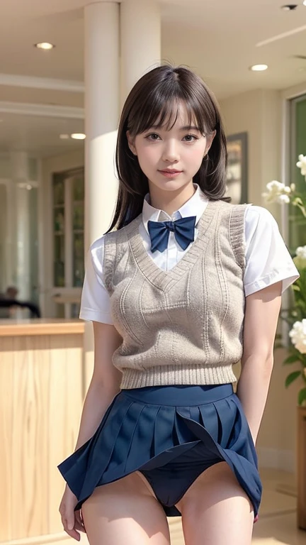 (masterpiece:1.2, highest quality), (Realistic, photoRealistic:1.4), Beautiful illustrations, (Natural Side Lighting, Cinema Lighting), Written boundary depth, Looking at the audience, Front view, 1 girl, English, high school girl, 20-year-old, Perfect Face, Symmetrical cute face, Shiny skin, Leg spread, (Bob Hair:1.7,blonde), Asymmetrical bangs, Big eyes, Droopy eyes, long eyelashes chest), thin, Beautiful Hair, Beautiful Face, Beautiful and beautiful eyes, Beautiful clavicle, Beautiful body, Beautiful breasts, Beautiful thighs, Beautiful legs, Beautiful fingers, ((High-quality fabric, Brown knitted vest, Short sleeve white collar shirt, Navy Pleated Skirt, Navy bow tie)), (Beautiful views), evening, (Inside the flower shop), Are standing, (smile, Superior, Open your mouth), (((Skirt flip, No pants, Genitals are visible))), Full Body Shot, Dark blue socks, Sexy Face, Inverted nipples,