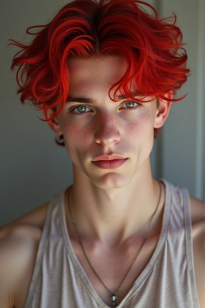 16 year old boy, red dyed hair and Lazio, White skin, black eyes