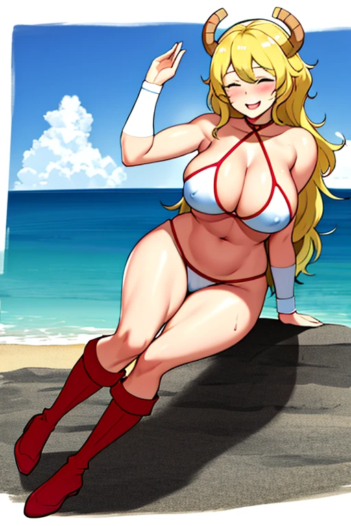 masterpiece, best quality, beautiful art, high resolution, well formed hands, body and fingers, 1 woman, solo, Lucoa , 31 years old, full body picture, grown up, adult, large and big breasted, cleavage, hair ornament, wearing a Tyris Flare outfit ,  white_bikini, full body, sexy and skimpy  bikini, gorgeous  hips, legs and thighs bouncing breasts, red boots, dancing seductively and erotically, twirling around,  bikini thong, shaking her body alluringly, smiling joyfully, looking at the viewer, sweating , flirting, beach environment 