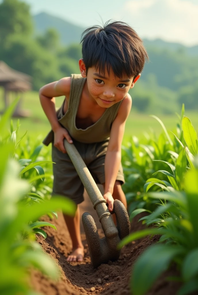 In cinematic 3d cartoon style'A young boy, dressed in simple, worn clothes, working hard in a lush green field. He is plowing the land with a traditional plow, showing sweat and determination on his face'