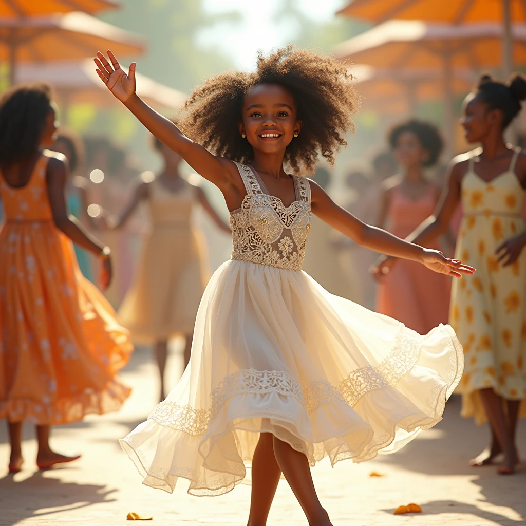 realistically, Sweet girl, happily dancing, в white жемчужном,lace,white,with lace, dress, in the style of African influence, Disney, I can't believe, how beautiful she is. stylish art, joyful chaos, Eye-catching details, pastel shades, James Christensen, Valeria Docampo, Sara Kay, Nicky Beme, Maurice Sendak, Gila Elvgren style, high quality, bright colors, pensive, romantic, hyper-detailed, hyperrealistic, Unreal engine, masterpiece, Atmospheric, high resolution, bright, High Contrast, 32K, HDR, 500 pixels